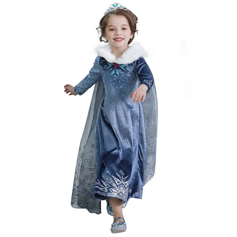 2021 Winter Kids Girl Elsa long sleeve dress Snow Queen Princess costume dress with cape