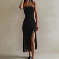 chic black tassel strapless women midi dress summer backless female long dresses with fringe vacation outfits skinny clothing