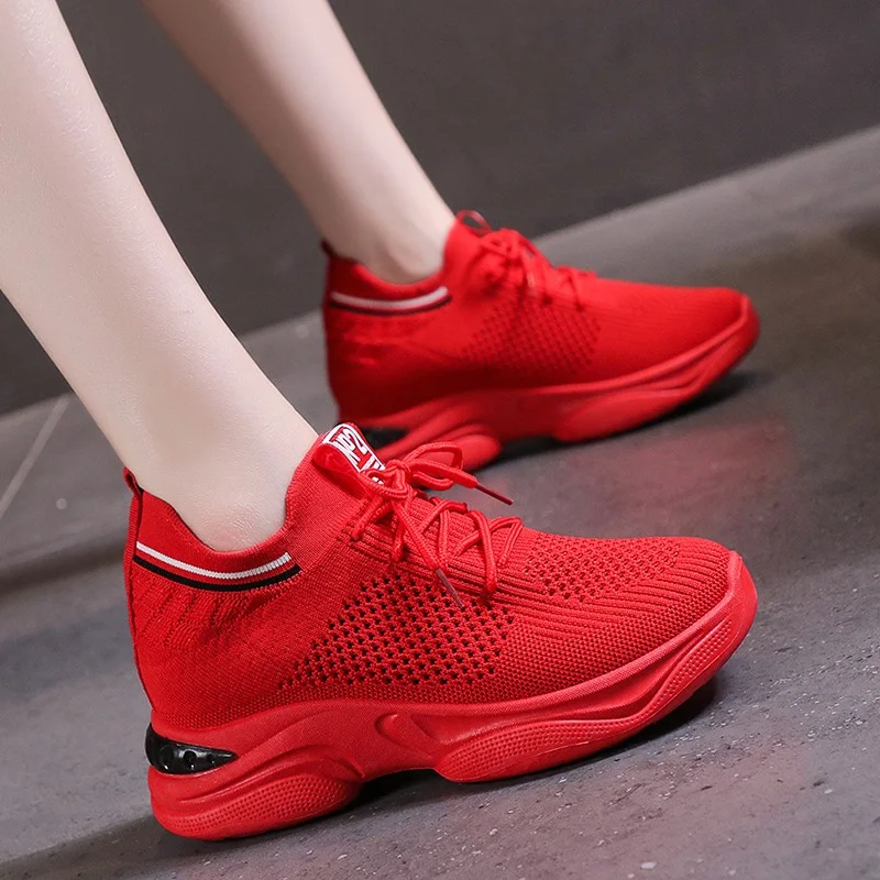 

Туфли светильник на шнуровке, Вулканизированная подошва, сетчатые, Повседневная легкая обувь для прогулок, красные, осень 2022