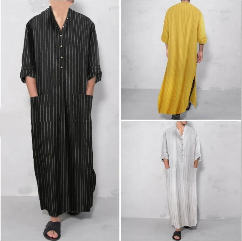 S-3XL Men Muslim Robe V-neck Casual Striped Cotton Linen Pockets Loose Male Long Sleeve Vintage Shirts Arab Ethnic Islamic Dress