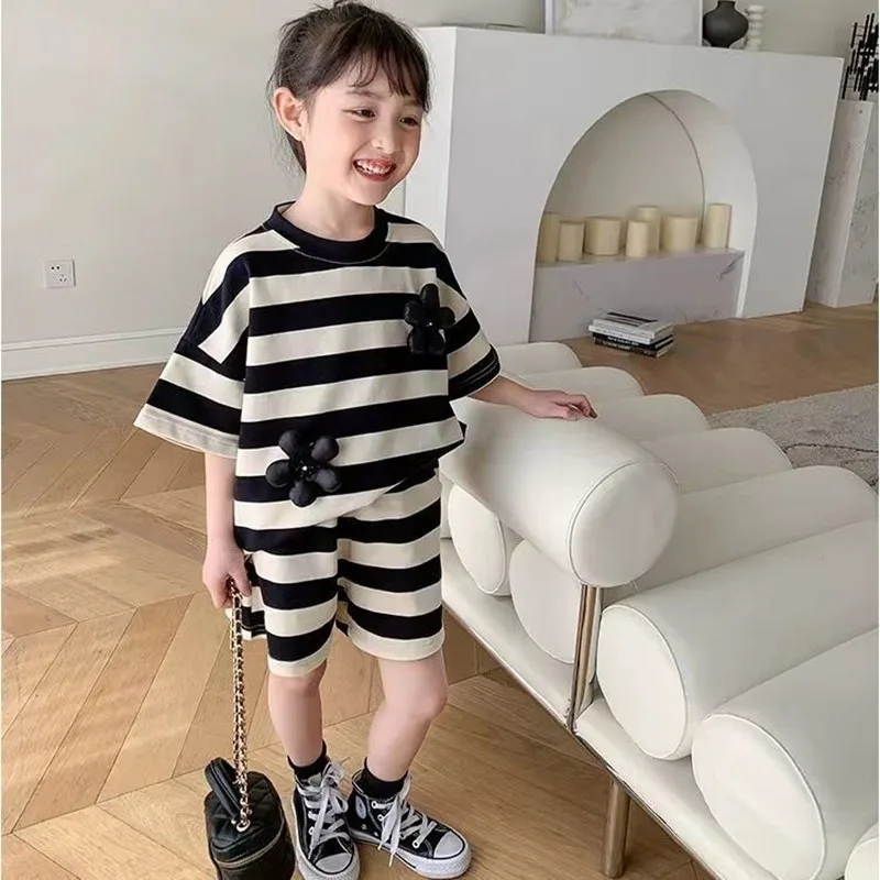

2023 Korean Baby Girl Boy Cotton Striped Clothes Set Hoodie and Shorts Toddler Child Tracksuit Summer Casual Suits 3-10Years