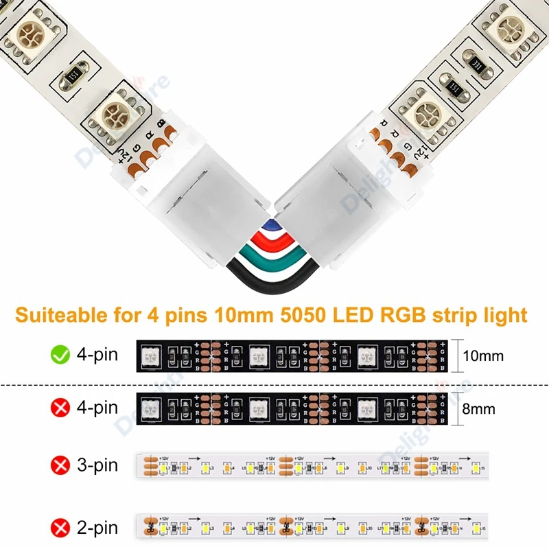 L-образный разъем для светодиодной ленты RGB 4 контакта 8/10 мм регулируемый угол 2/3