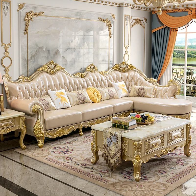 

European Sofa Large Family Luxury American First Layer Leather Sofa French Solid Wood Sofa Combined Living Room Furniture Fabric