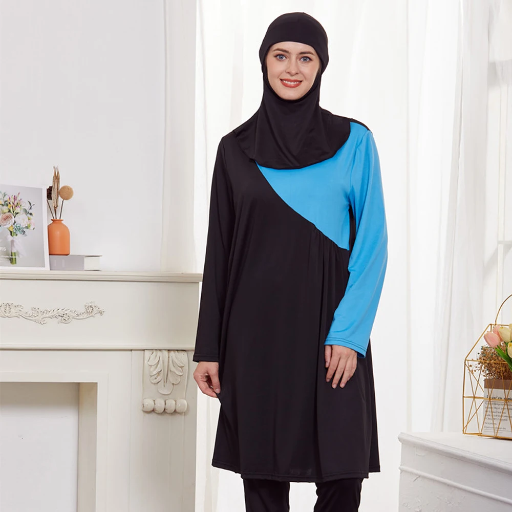 3PCS Burkini Muslim Woman Black Draw Pleated Swimwear Full Cover Islamic Long Sleeve Sport Swimsuit Hijab Beachwear