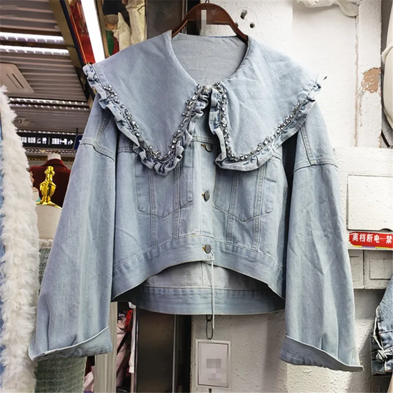 

SuperAen Spring 2022 New Office Lady Casual All Match Diamond Peter Pan Collar Single Breasted Short Denim Jacket Women Coats