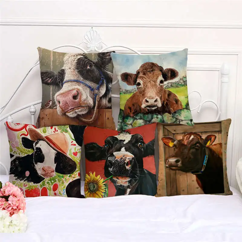 

Watercolor Cow Cushion Cover Farm Animals Face Home Decoration Pillow Cover Pillowcase 45*45CM Sofa Cushions Fundas de colchón