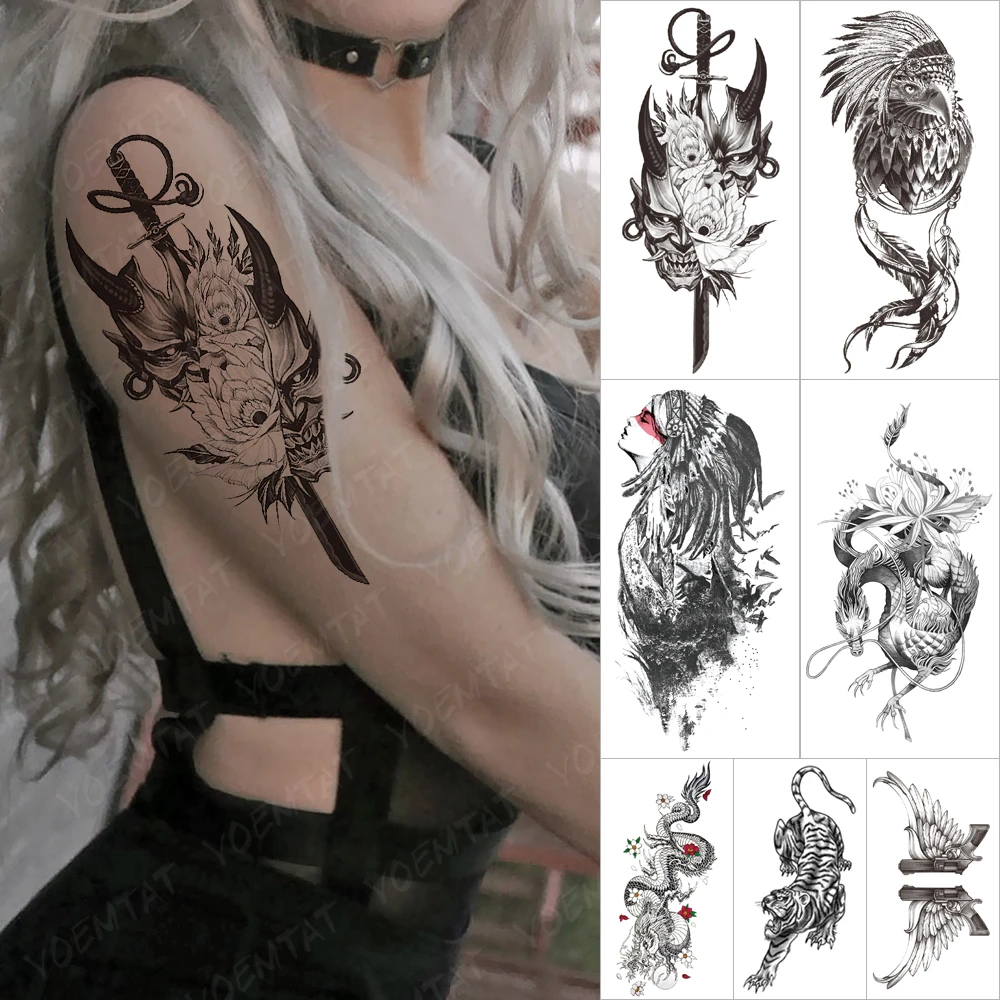

Waterproof Temporary Tattoos Sticker Dagger Devil Flower Eagle Tribal Girl Feather Women Men Arm Chest Thigh Body Art Fake Tatoo