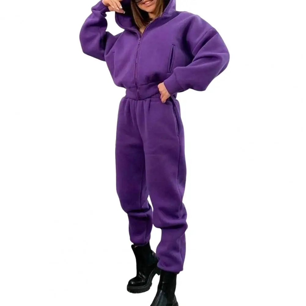 

2 Pcs/Set Women Coat Pants Set Loose Zipper Elastic Waist Hooded Solid Color Warm Fleece Elastic Cuff Thick Autumn Tracksuit