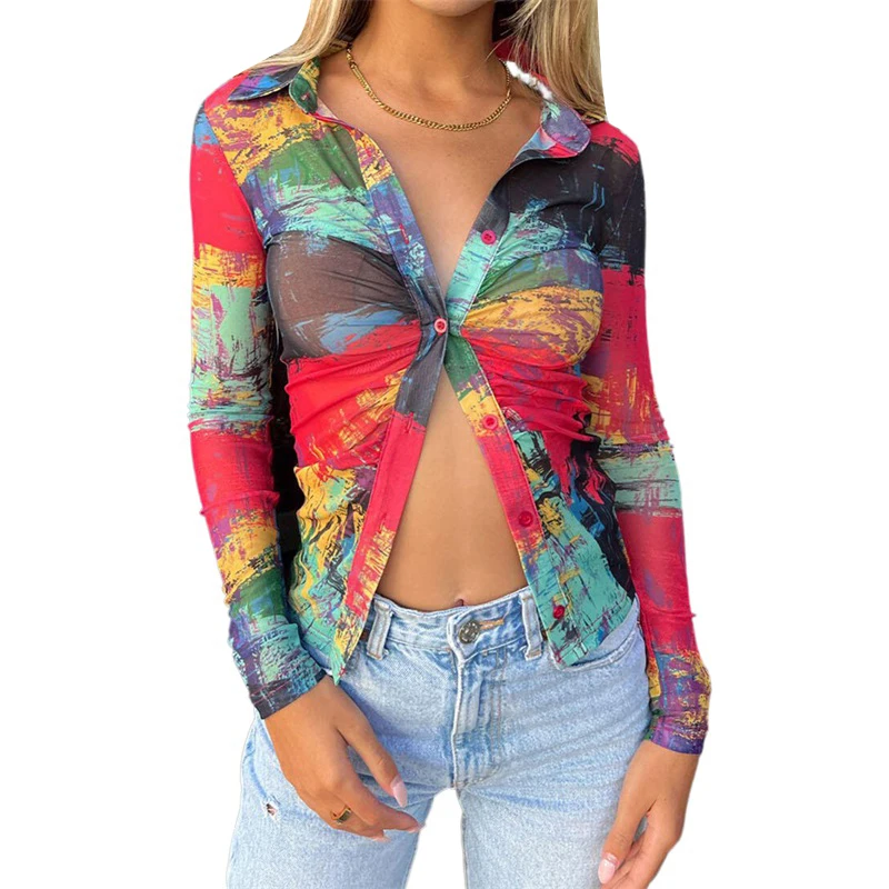 

Women's Ruched Front Lapel Shirts, Long Sleeve V Neck Tie Dye Print Button Down Tops