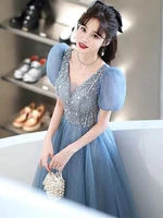 light luxury blue prom party dress a line v neck short sleeve sequined back bandage formal banquet gowns robe de soiree vestidos
