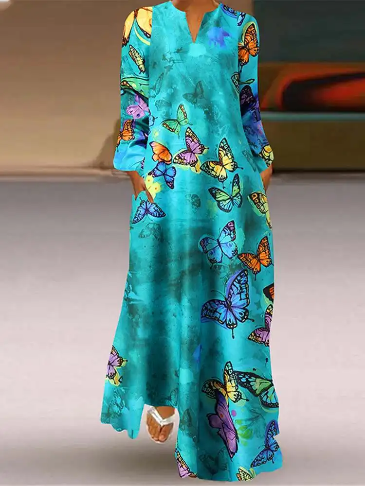 

ZANZEA Spring Women Kaftan Dress Floral Print Long Sleeve V-Neck Zipper Sundress Bohemian Butterfly Casual Loose Holiday Robe