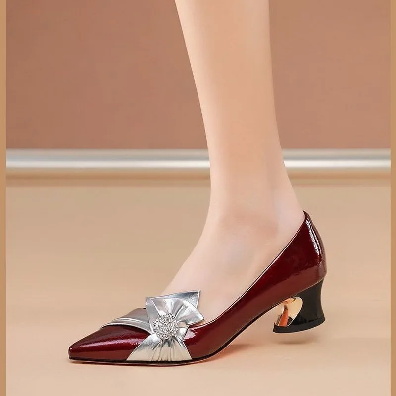 

Spring New Women Square Mid Heels Pumps Bowtie,Pointed Toe,Shollow Out Shoes Slio On,Female Footware
