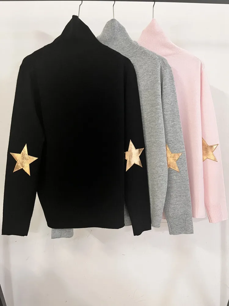 

Women Turtleneck Long Sleeve Sweaters Elbow Stars Patch 100% Cashmere Fall Winter 2022 Knitted Top All-match Ladies Jumper