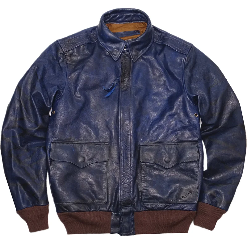 

Blue Military Style Spring Men's A2 Jacket Plus Size 5XL 100Kg Can Wear Natural Horsehide Autumn Aviation Genuine Leather Coats