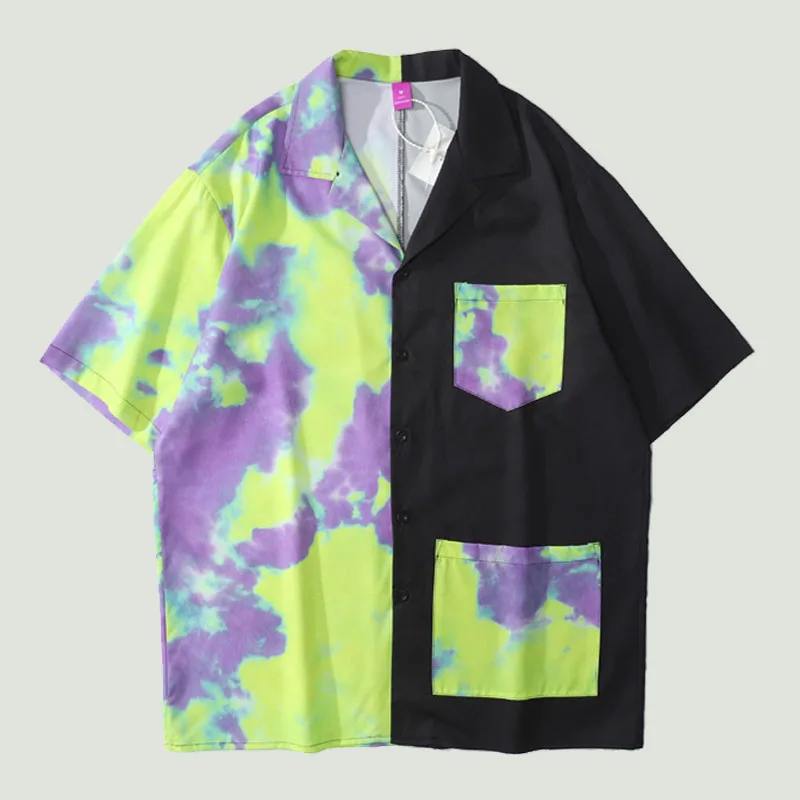 

Hip Hop Tie-dye Beach Shirts Men Harajuku Color Block Patchwork Shorts Sleeve Tops Streetwear Oversized Casual Lapel Shirts Male