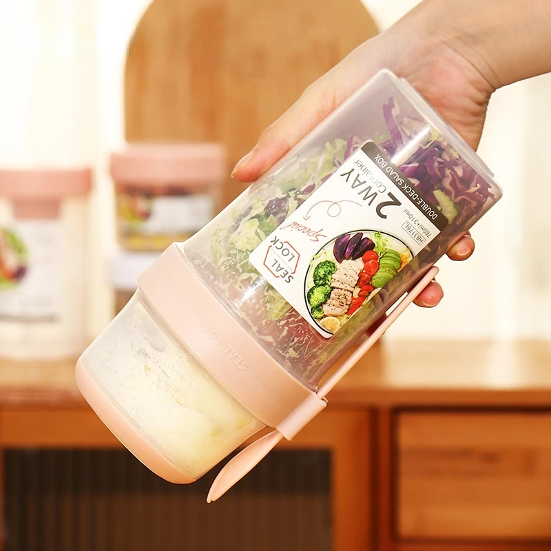 

2022 New Double Layer Multi Purpose Divided Salad Cup Yogurt Oat Nut Ice Cream Sealed Box Portable Lunch Box Leak Proof Fork