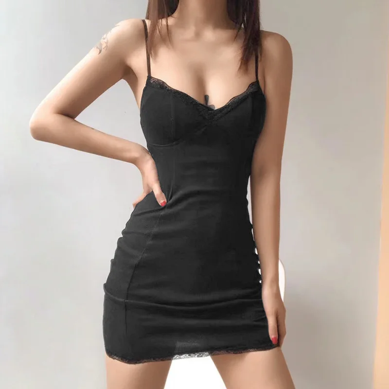 

2022 Summer Party Mini Dress Feminine V-neck Seaside Club Vacation Beach Sling Solid Color Package Hip Tight Women's Dress