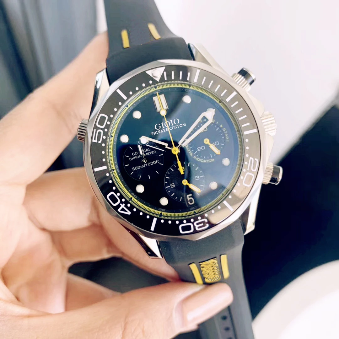 

men ceramic watch black blue Rubber quartz chronograph