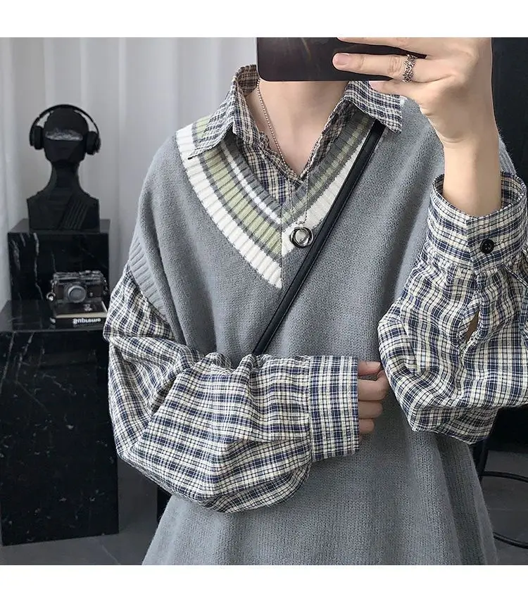Spring Summer Autumn Solid Patchwork Irregular Stripes Casual Pullover Tess Vest Men Loose Knitted Top Sweater Gentle Students