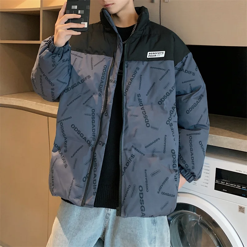 2023 Men Winter Jacket Thicken Warm Cotton Loose Stand Collar Harajuku Casual Parkas Coats