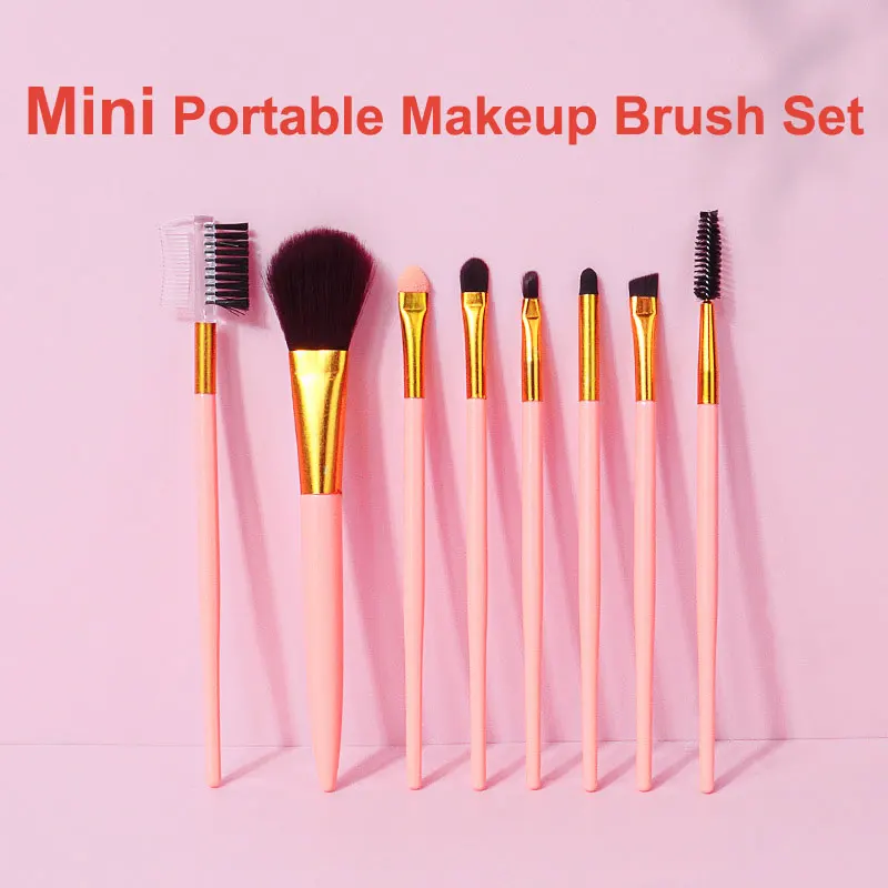 

8pcs MIni Portable Makeup Brush Set Powder Sponge Eye Shadow Eyelash Brush Smudge Lip Brush Eyebrow Comb Cosmetic Accessory Tool