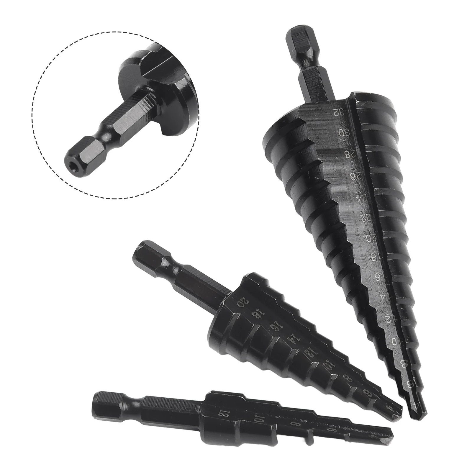 

3Pcs HSS Step Cone Drill Bit Nitrogen Coated Straight Groove Step Bit Set 6.35mm Hex Shank Hole Cutter 4-12mm 4-20mm 4-32mm
