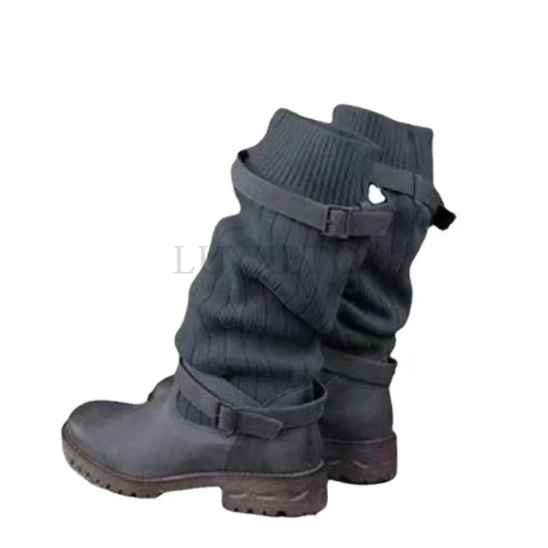 Medium Motorcycle Boots Flat Bottom Belt Buckle Women Mid Heel Round Head Shoes High Breathable Sleeve Feet New Large Fashion