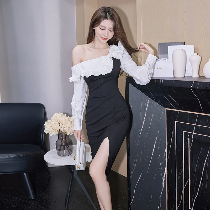 

Женское платье с длинным рукавом, облегающее платье с бантом и деревянными ушками, 2022