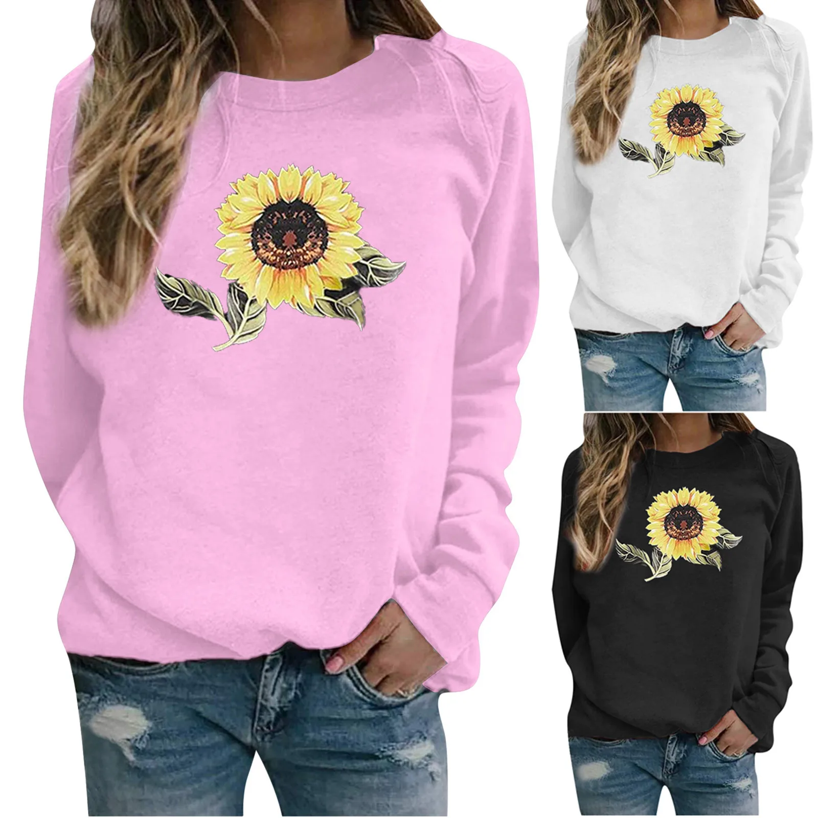 

Top Sleeve Long Pullover Sweatshirt SunFlower Printed Women Sweatshirt O-Neck Sweater Open Front Knit Leopard Cardigan