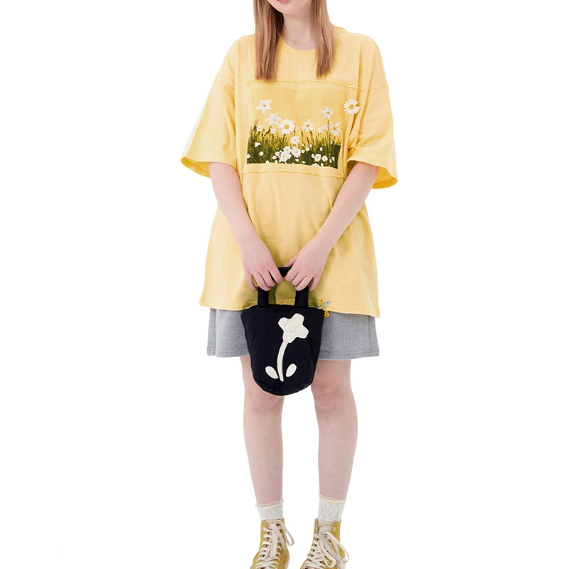 Футболка женская хлопковая с коротким рукавом и цветочным принтом желтая |
