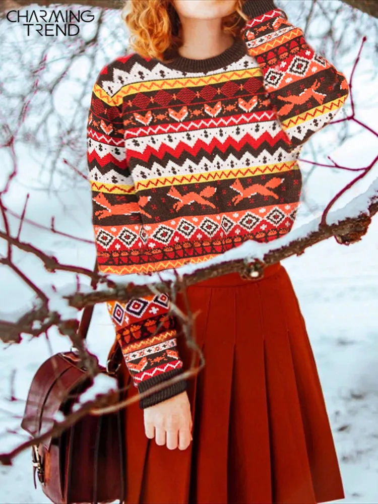 

Vintage Sweaters Winter Thicken Knitwear Pullovers Women Oversized National Jacquard Woolen Sweater Color Striped Top Sweaters