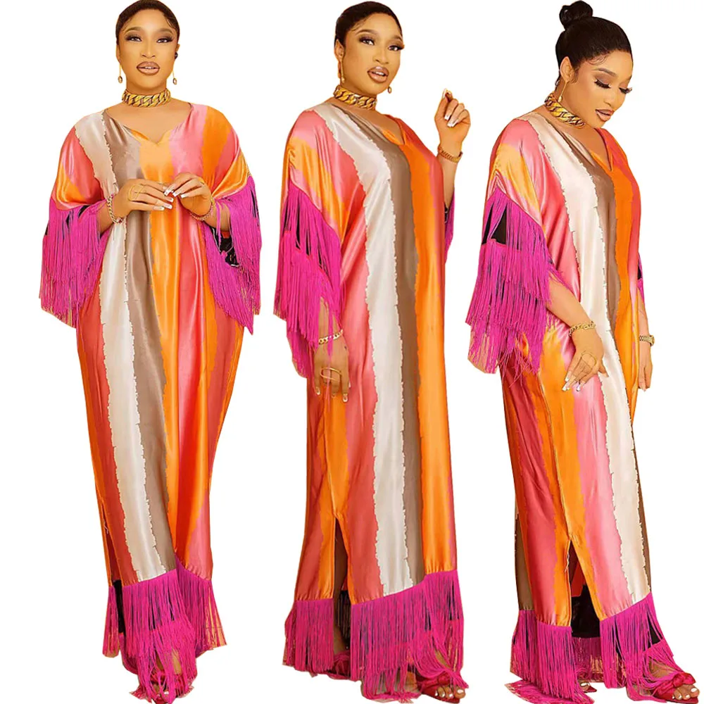 

African Fashion Satin Silk Caftan Maxi Dresses for Women 2022 Tassel Print Summer Beach Bohemian Kaftans Long Dress Evening Robe