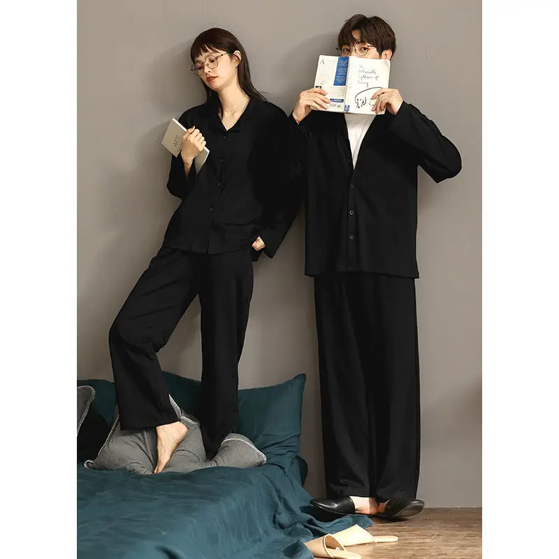 QWEEK Women's Long Sleeve Top Couple Pajamas Solid Color Black Two Piece Set Pijamas Trouser Suits Spring Homewear Home Clothes