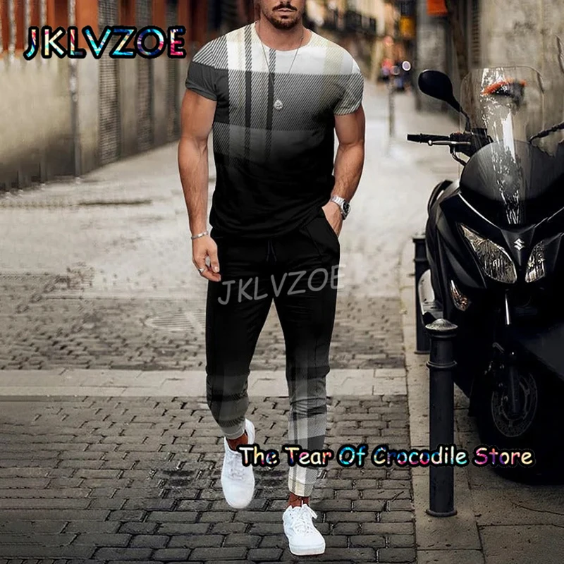 Retro Men's T Shirt Tracksuit Trousers 2 Piece Set Stripe Pattern Short Sleeve Pants Streetswear 3D Printing Summer Clothing