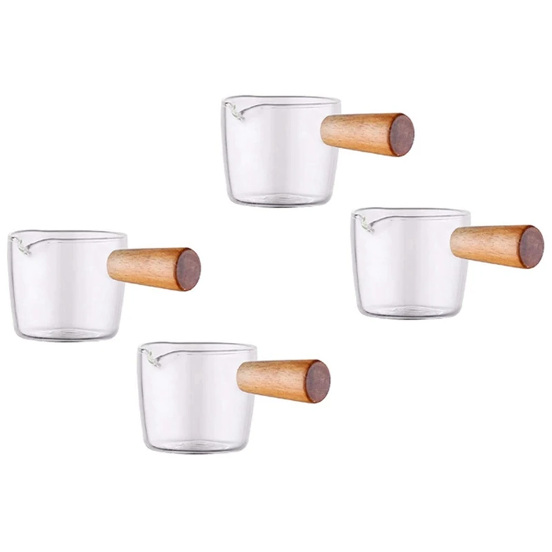 

4PCS Transparent Glass Creamer With Wooden Handle, Mini Coffee Milk Creamer Pitcher. 50Ml