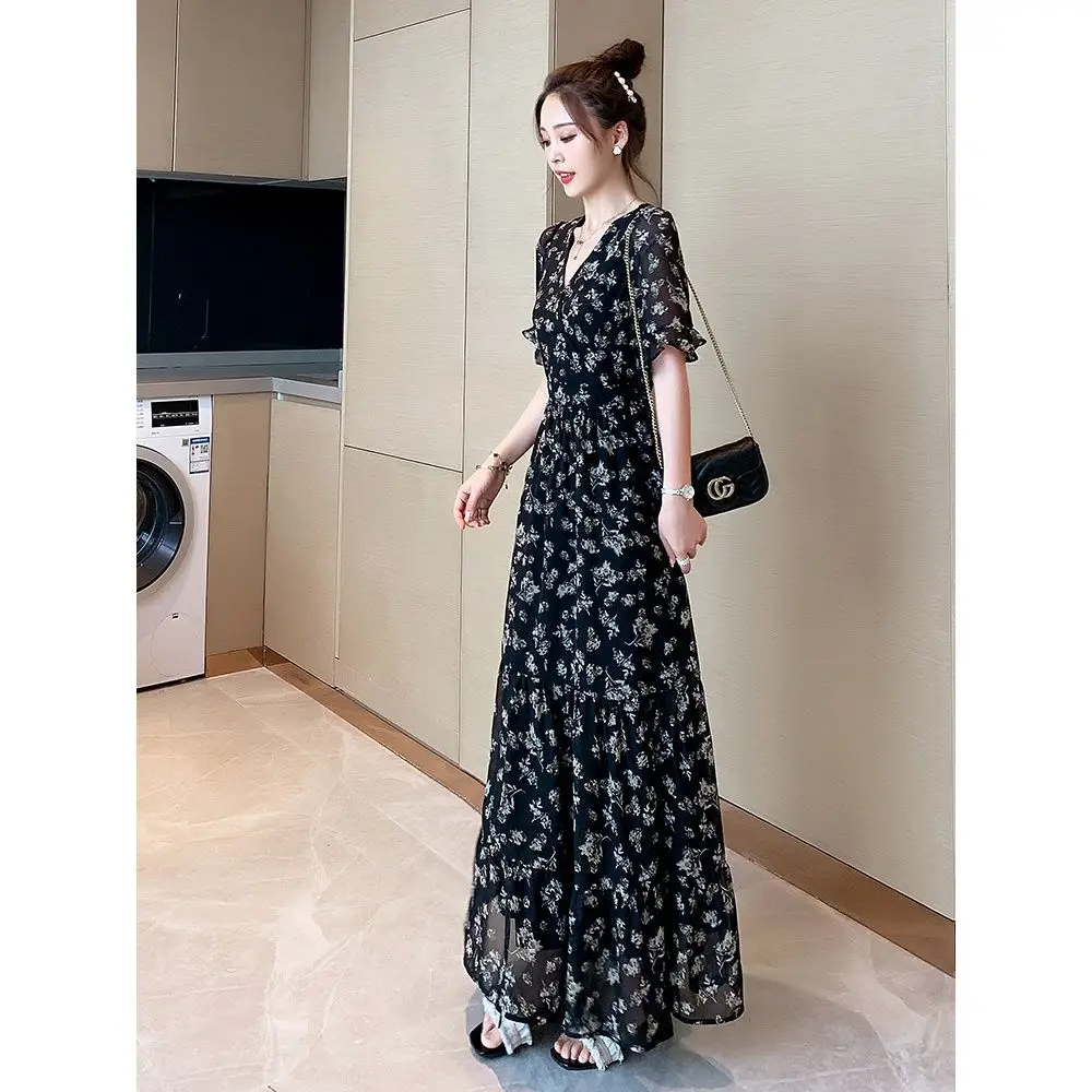 

French Style Chiffon Floral Maxi Dress For Women 2022 Elegant Casual Summer Dresses Black Robes Femme Long Vestidos Mujer 원피스
