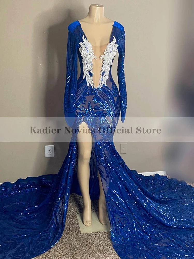 

KADIER NOVIAS Women Long Sleeves Royal Blue Mermaid Prom Dresses 2022 with Split Sequin Lace Evening Gown Vestido De Fiesta