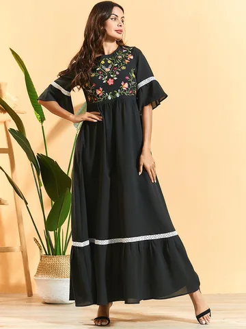 Женское длинное платье с вышивкой, черное платье большого размера с рукавом до локтя, Повседневное платье в мусульманском стиле Дубая, кафтан на лето