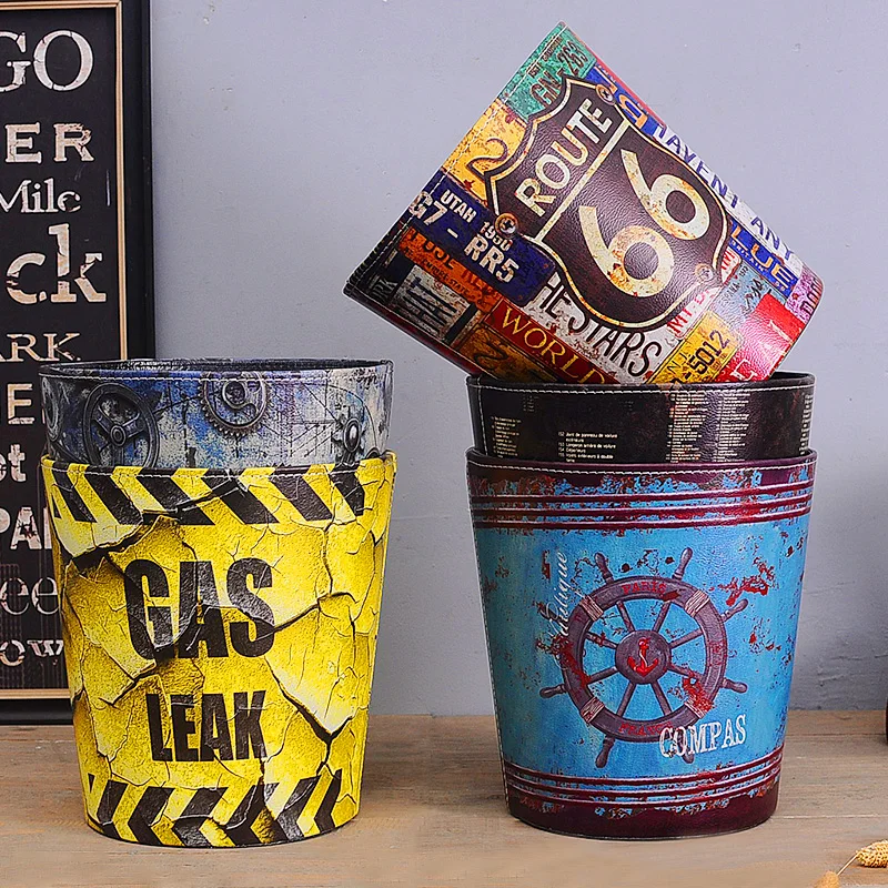 

American Retro PU Leather Trash Can Creative Fashion Home Decoration Crafts Storage Bucket Decorations
