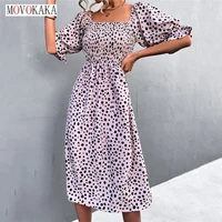 movokaka leopard sexy long dress woman square collar slim folds beach casual summer dress women party elegant dresses for women