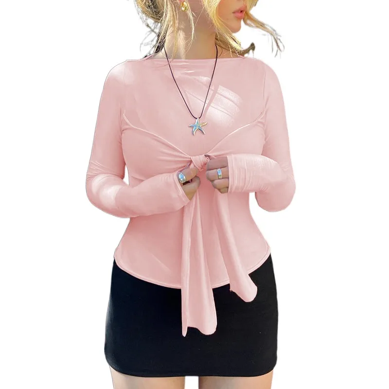 

Europe And America 2023 Summer Women's New Product Round Neck Long Sleeve Lace Up Slim Fit Top Fashion Casual T-shirt