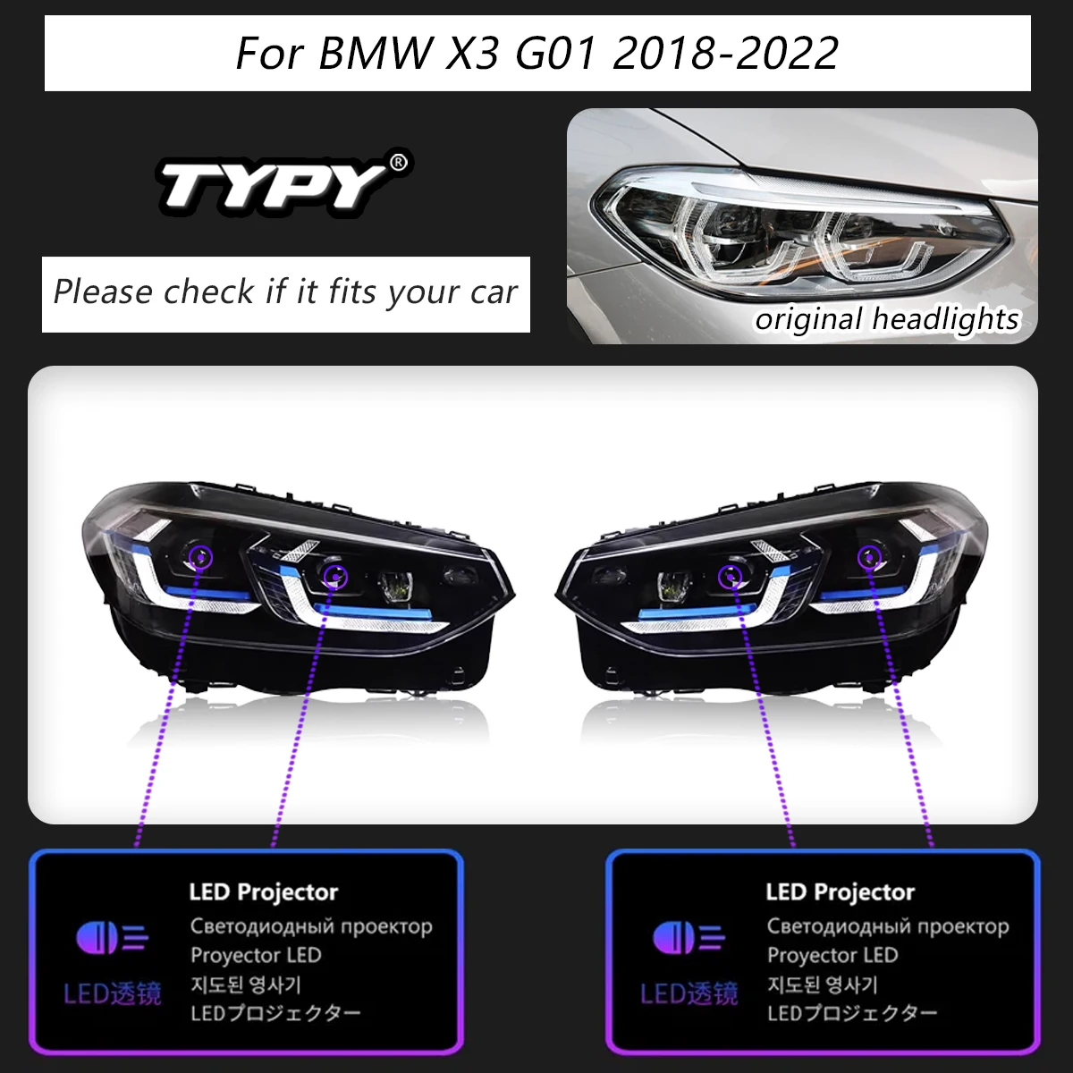 

Автомобильные фары TYPY для BMW X3 G01, фары G08 2018-2022 светодиодный, фары ДХО, сигнал поворота, дневные ходовые огни, Ближний и Дальний свет
