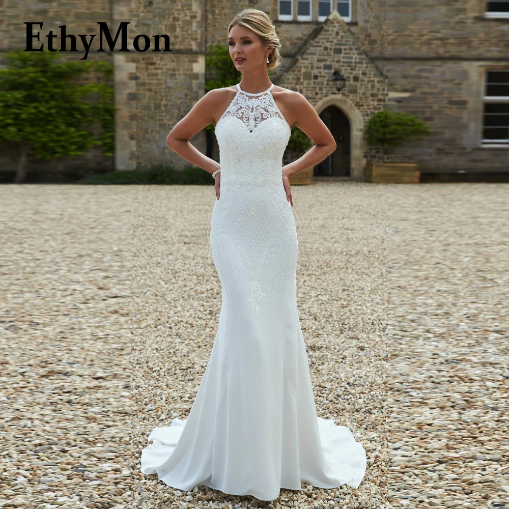 

Ethymon O-Neck Satin Grid Mermaid Attractive Wedding Gown Sleeveless For Bride Floral Print Vestido De Casamento Made To Order