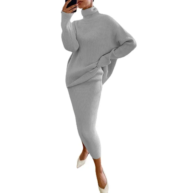 Вязаные пуловеры из двух предметов женские зимние водолазки свитер и юбка с