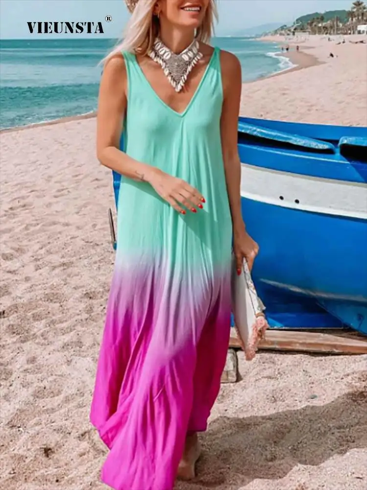 

Длинное пляжное платье в стиле Харадзюку, повседневное женское платье макси без рукавов, новинка 2022, женское свободное винтажное платье с п...