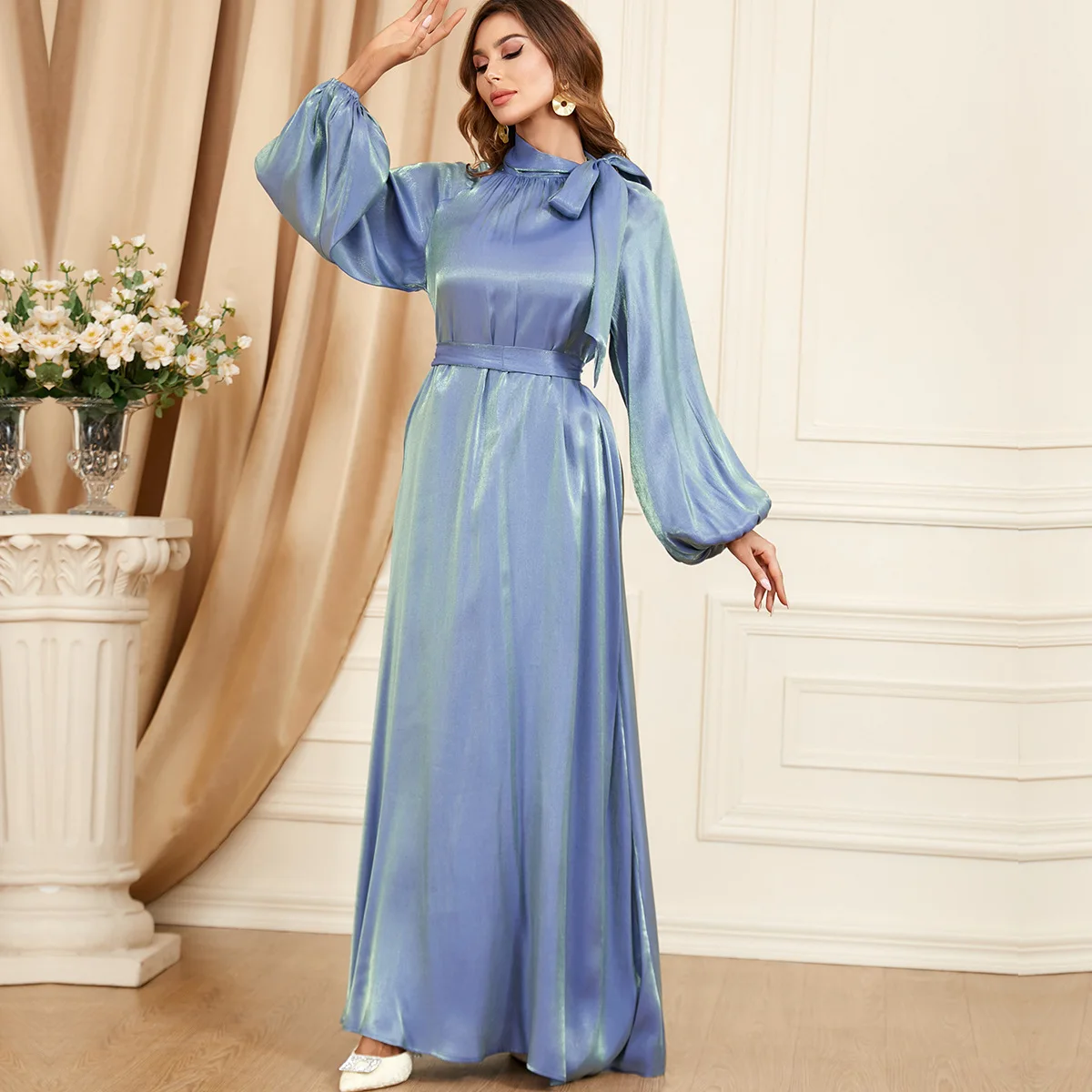 

Plain Abaya Balloon Sleeve Islamic Long Dresses Women Dubai Turkish Muslim Hijab Dress Ramadan Party Outfit Silky Satin Robe