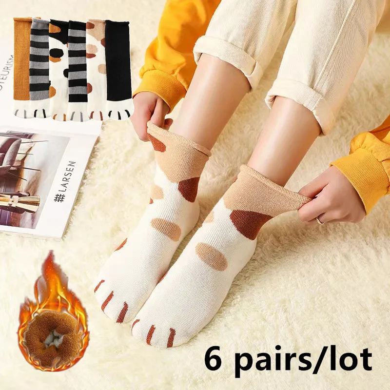 6 pairs Winter Women Socks Looped Cat Paw Pattern Warm Cute Thicken Thermal Stripe Soft Animal Kawaii Long Sleeping Floor Sock