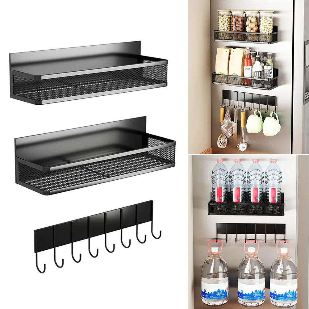 

3Pcs Magnetic Spice Rack Refrigerator No Drilling Wall Mount Home Kitchen Utensil Hanger Hook Shelf Storage Holders Organizer