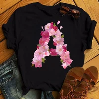 spring alphabet with pink flowers a b c d print t shirt women t shirt customize name t shirt short sleeve female woman tee top