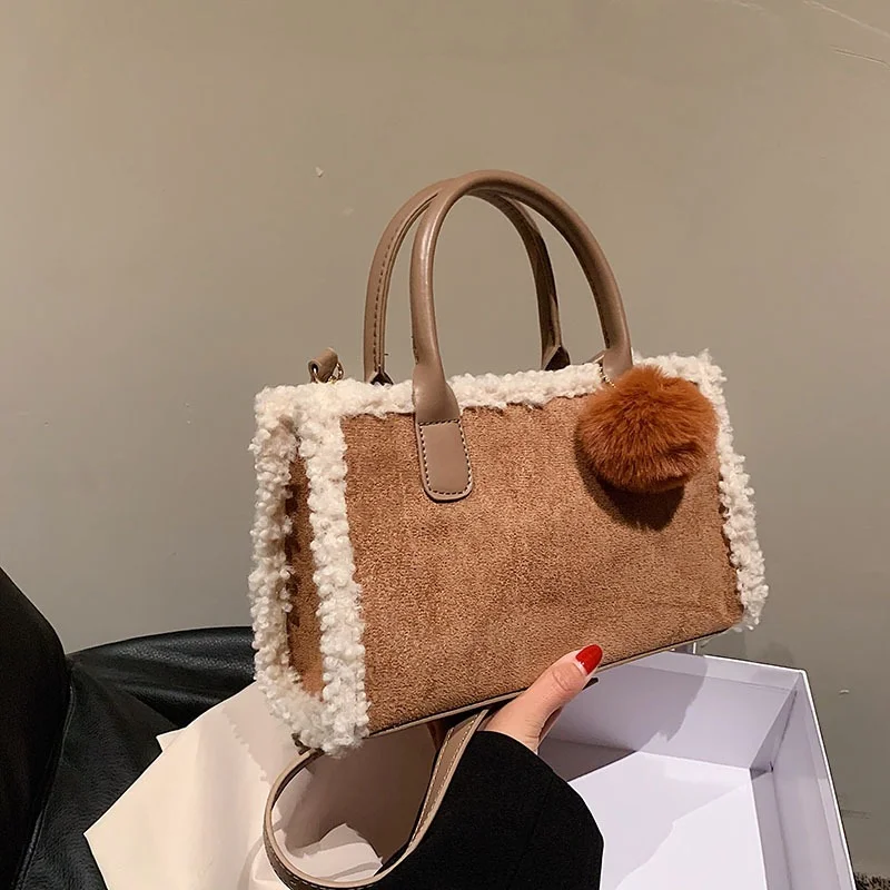 

Vintage Scrub Leather Lambswool Splice Women Shoulder Bag Lamb Plush Edge Crossbody Bags For Women Luxury Pu Plush Woman Handbag